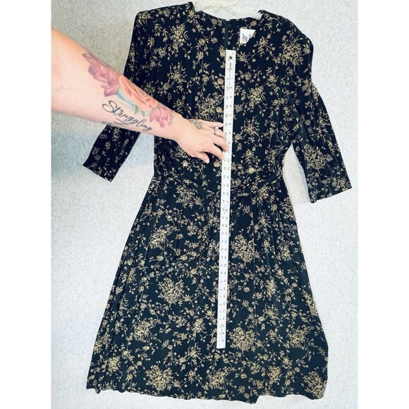 Vintage Peri Petites Black & Gold Floral Dress - Buttons - Size 14 - Retro Soft - Picture 8 of 11